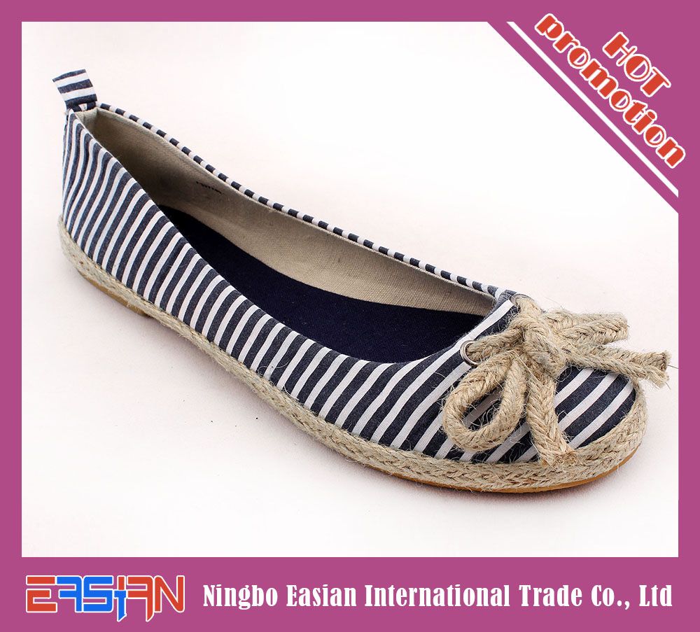 Latest navy striped canvas ballet flat shoes with jute binding and bowtie