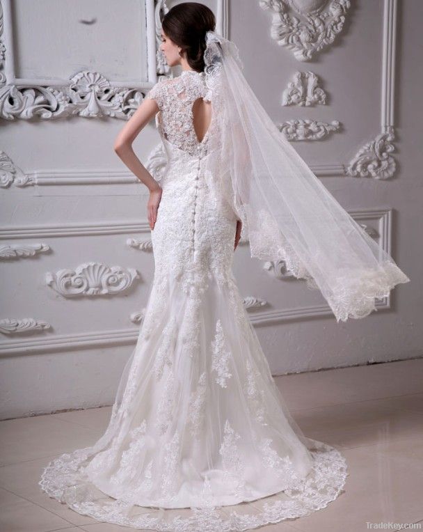 Beautiful Mandarin Collar Cathedral Train Lace Sheath Wedding Dress