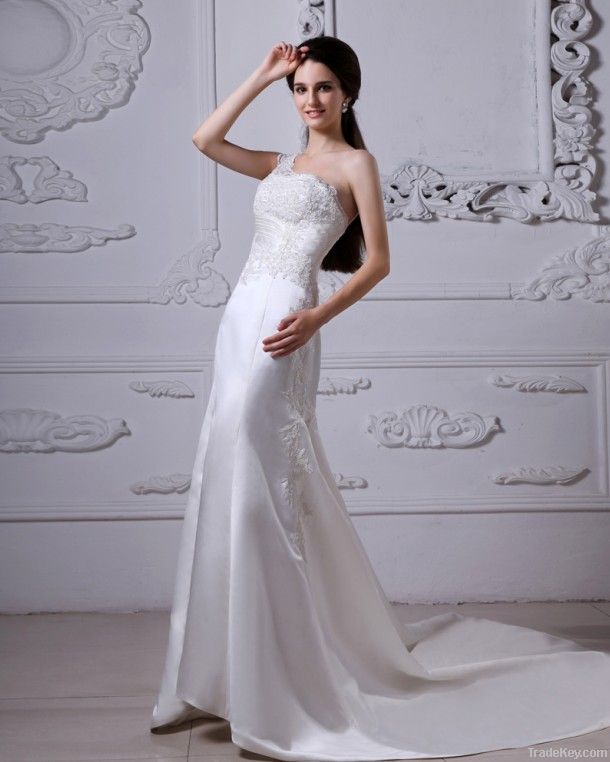 Charmeuse Applique Ruffles One Shoulder Cathedral Train Sheath Wedding