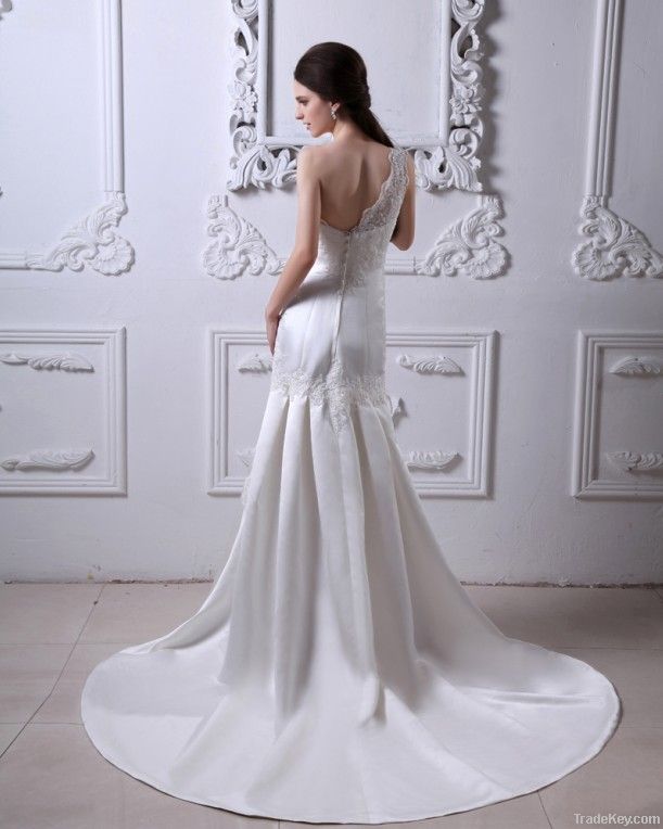 Charmeuse Applique Ruffles One Shoulder Cathedral Train Sheath Wedding