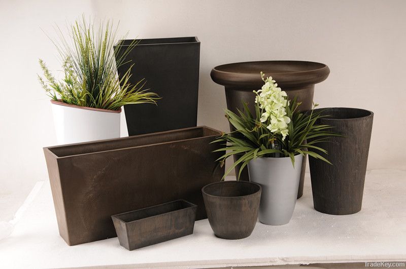 plastic, wood and stone flower pot