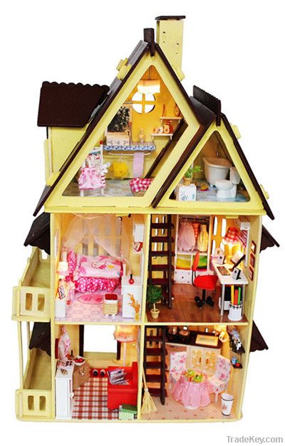 Hot sale DIY wooden doll house with light, miniature wooden toys