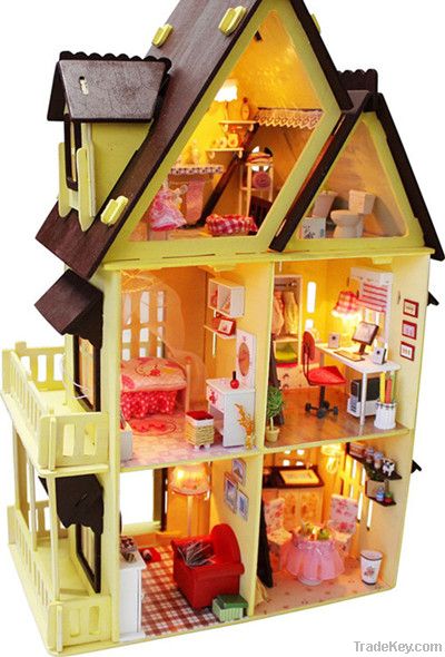 Hot sale DIY wooden doll house with light, miniature wooden toys