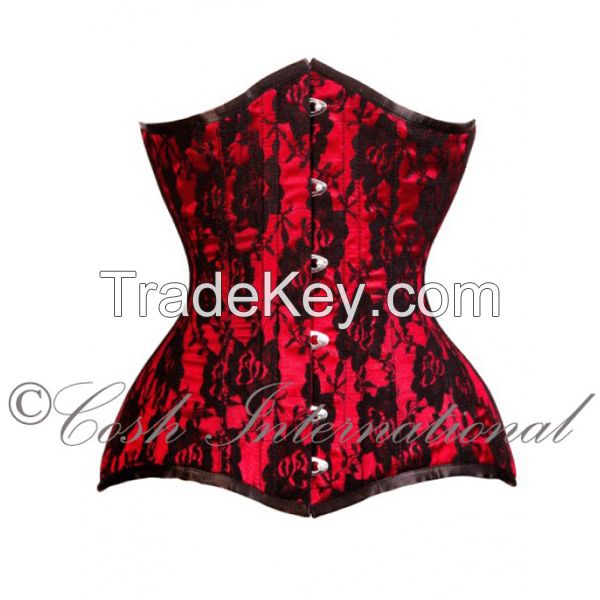 Red Satin With Black Mesh Waist Training Steelboned Underbust Corsets