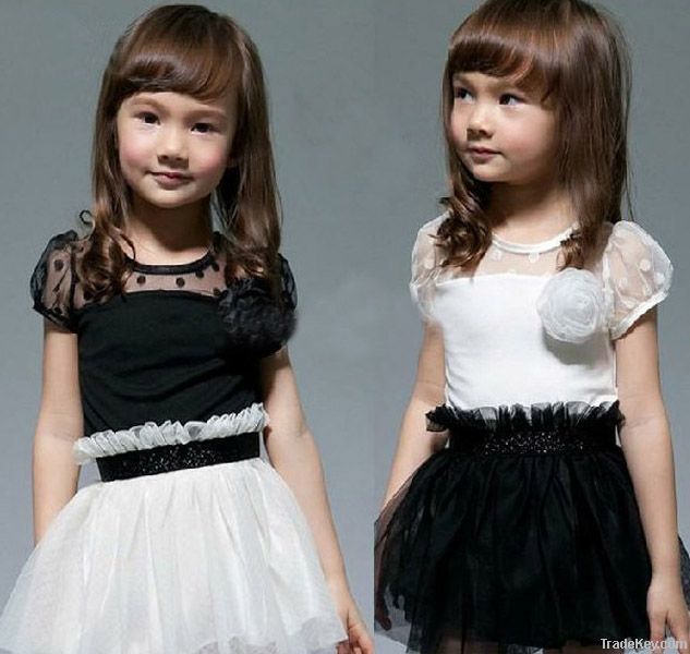 Girl's summer one piece short sleeve dress/black white dress