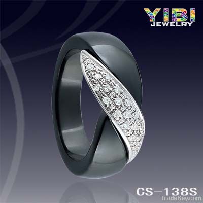 8mm Unique Black Ceramic Silver Ring, CZ Stone&amp; 925 Silver Setting, Cer