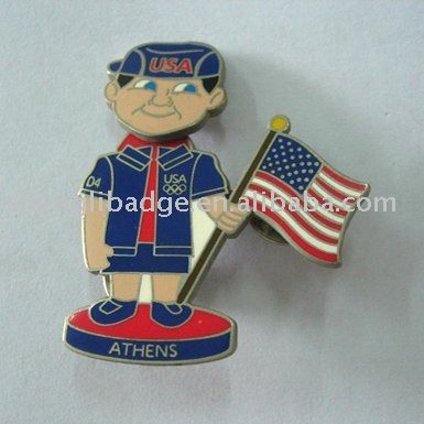 Badge with the shape of a human being holding up a flag