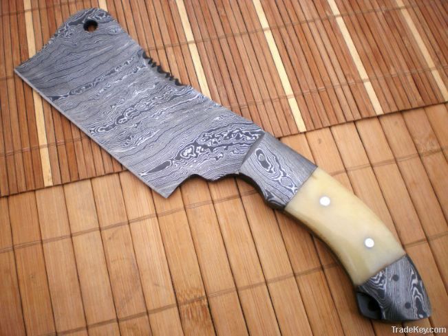 Custom made True Damascus Cleaver Knife With Camel Bone and Damascus