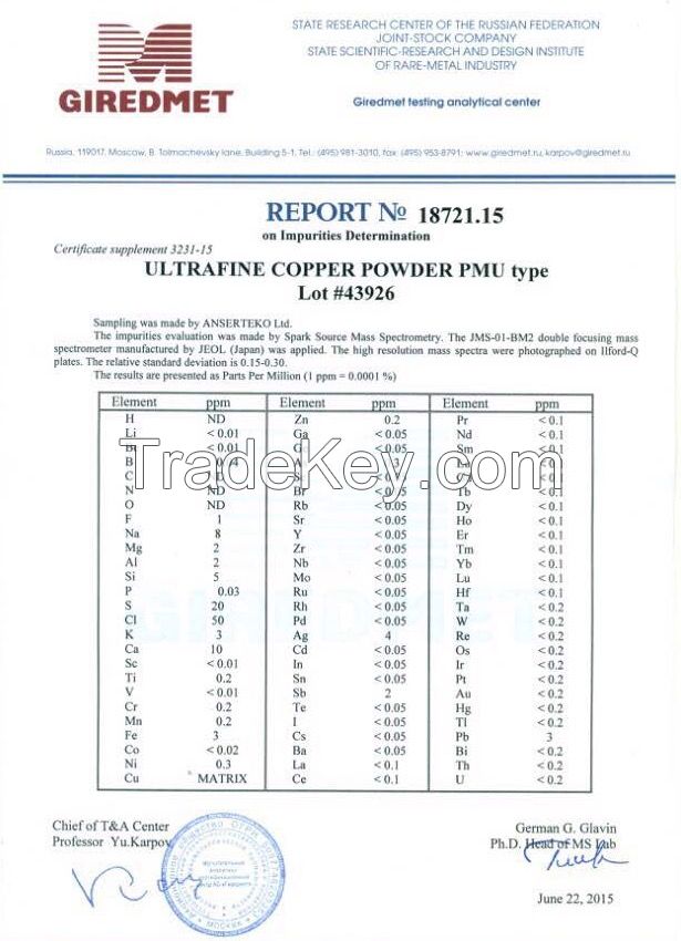 Ultra fine Copper Powder 99.999%