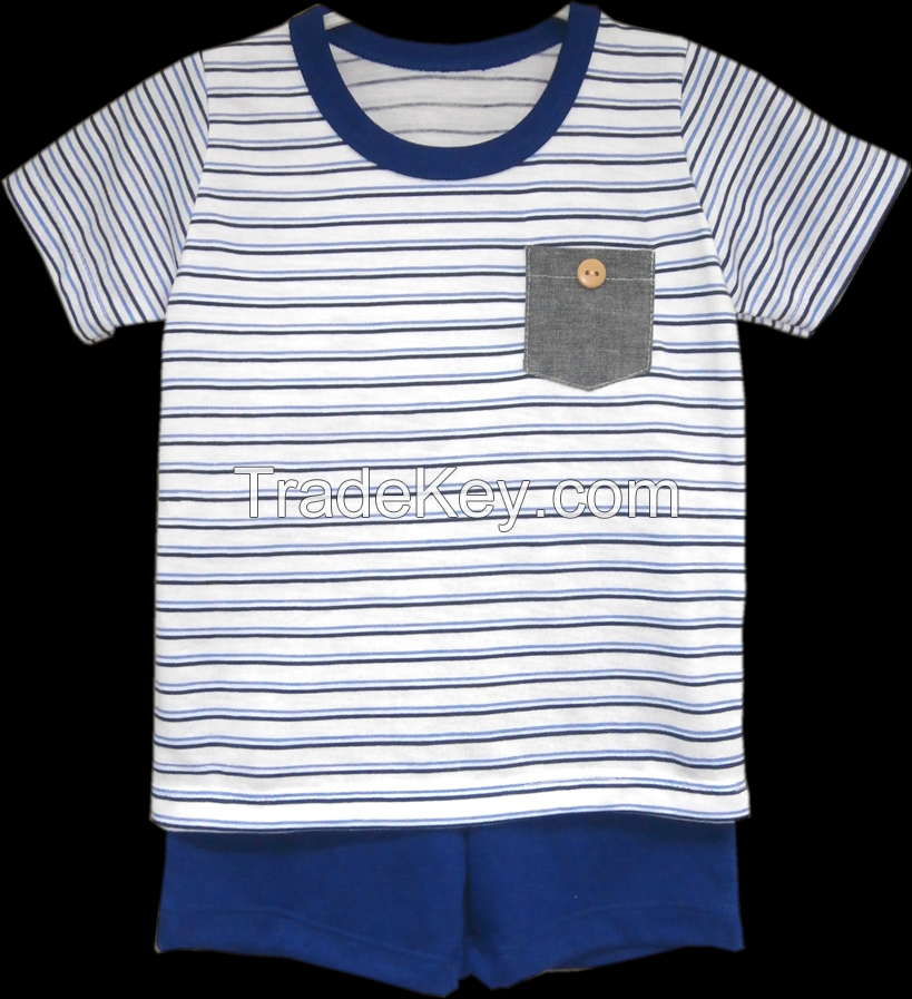 Infant Baby Boy Clothes - Boys 2pc Short Set White Shirt w/Navy & Grey Stripes & Pocket Detail & Blue Shorts