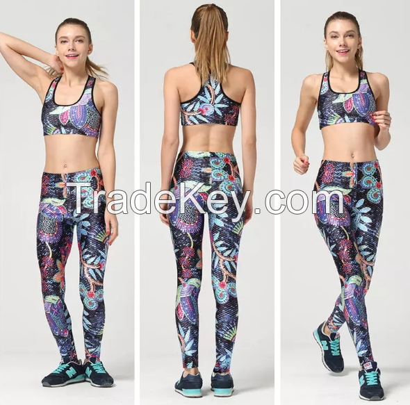 Good quality Women Elastic Yoga Tights Running Sets Workout Leggings and bra Fitness GYM clothing suit