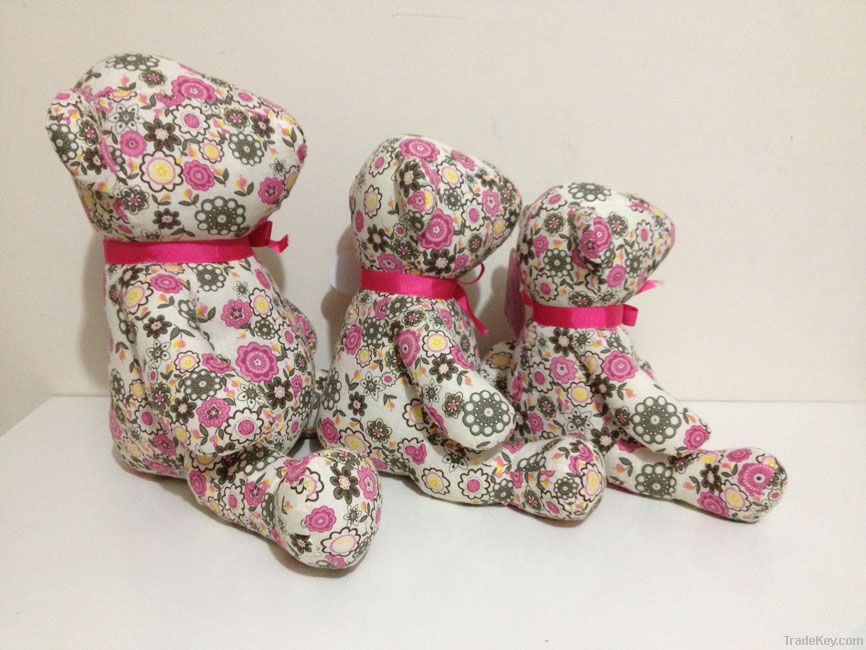 Flower printting  fabric sitting bear with ribbon