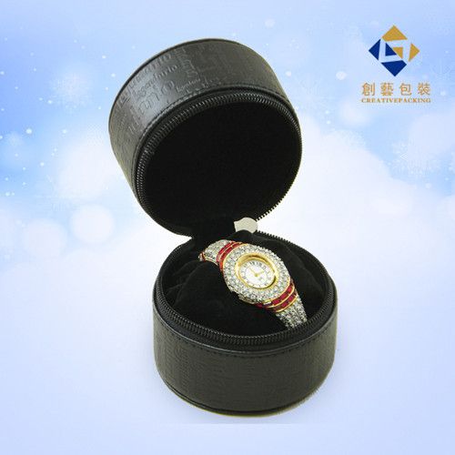 Cylindrical Black Leather Travelers Watch Case Jewelry Case