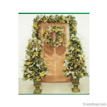 PRE-LIT SET OF GOLD THEME DECORATION POT TREE+WREATH+GARLAND