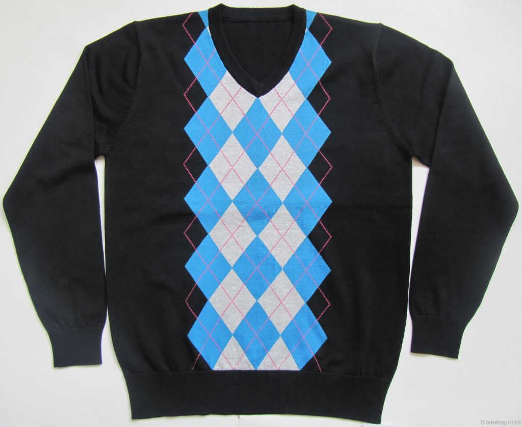 men&#039;s pure cotton V-neck argyle long sleeves