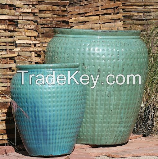 Tall Round Barrels-Large Glazed Ceramic Planters-light blue Pots