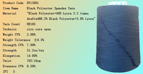 Core-spun yarn, Ne16S, 100% black cotton with 40D Lycra 3.0   drafted