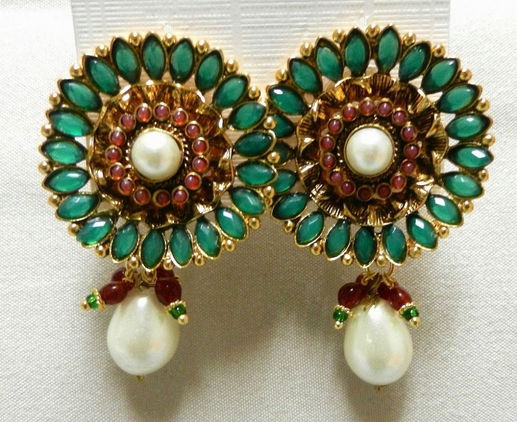 Red-Green Flower Gold Plated Pearl Earrings