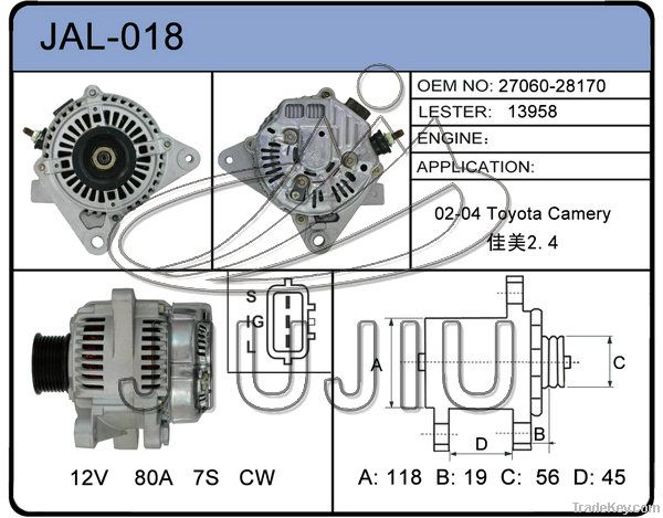 toyota alternator OEM:27060-28170 lester:13958