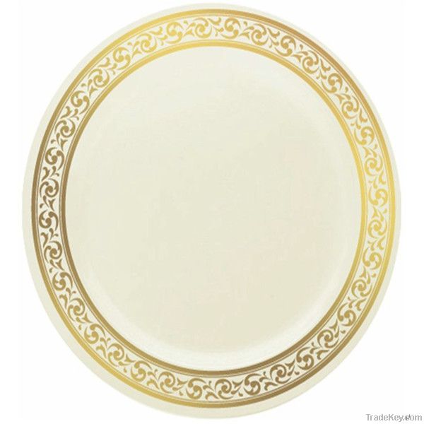 Elegant Disposable 10.25inch Plastic Ivory and Gold Dinner Plate