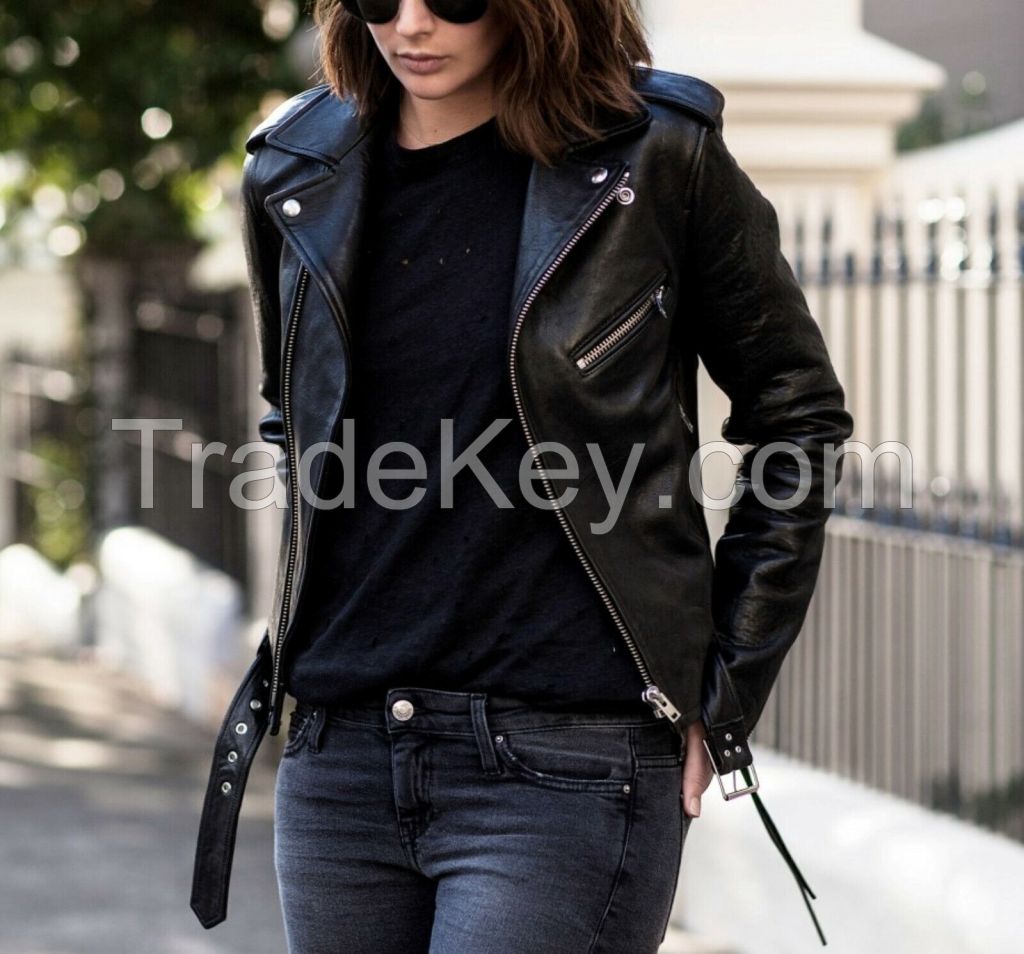 Women's Black Genuine Lambskin Real Soft Leather Biker Motorcycle Jacket