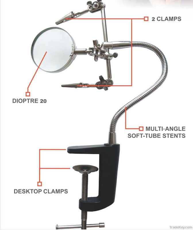 Helping hand magnifier with desktop clip to base