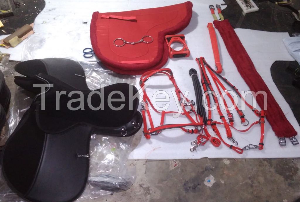 Genuine imported material status synthetic saddle set with jumping saddle pad,bareback pad,girth,pvc bridle,pp bridle and breast plate,plastic stirrups and steel bits,bandages