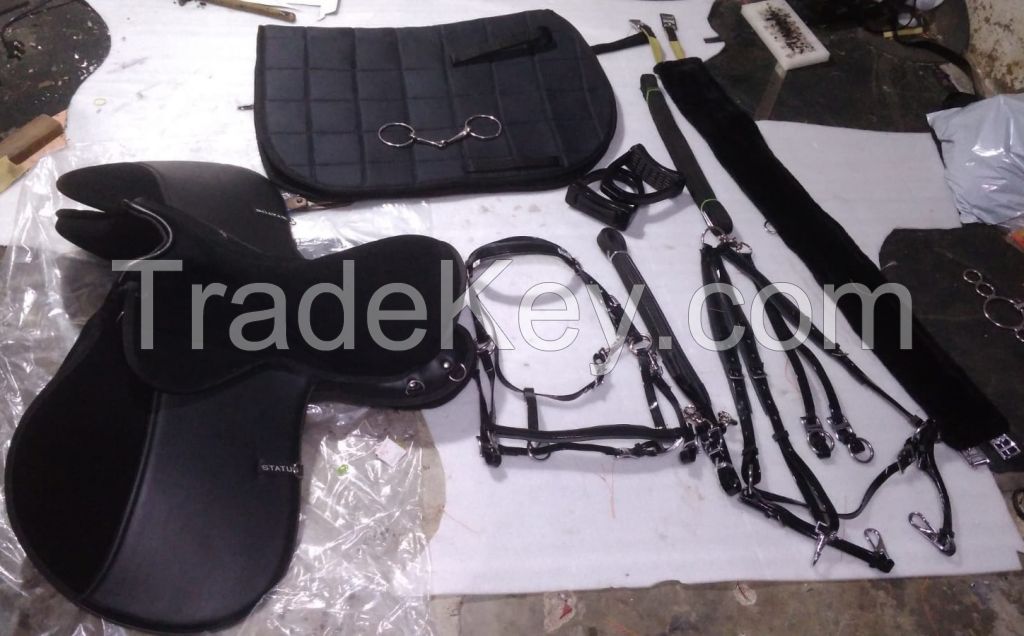 Genuine imported material endurance saddle set with saddle pad,girth,pvc bridle and breast plate,plastic stirrups and steel bits