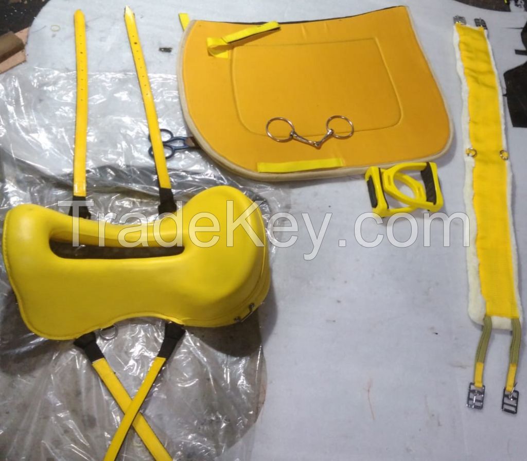 Genuine imported material endurance saddle set with saddle pad,girth,pvc bridle and breast plate,plastic stirrups and steel bits