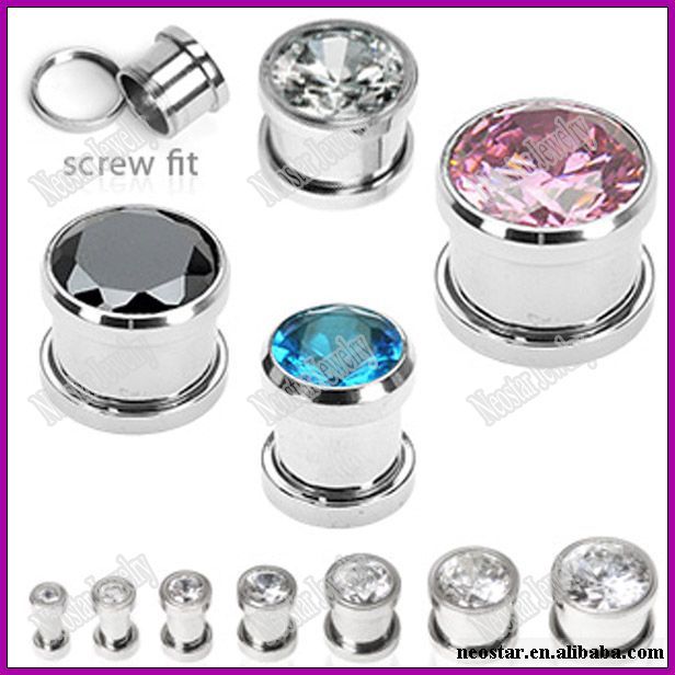 Stainless Steel Screwback Gemstone Ear Plugs Tunnel