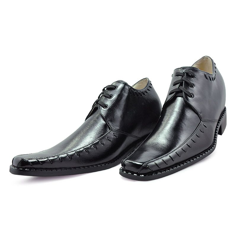 Black Front Tie Rubber Cowhide Men&#039;s Increasing Height Shoes