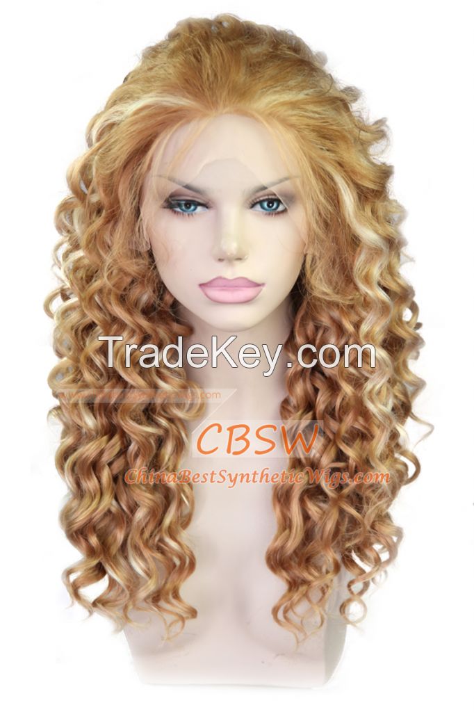 Cheap top quality long curl 27r/613 mix color top grade kanekalon lace front synthetic wig