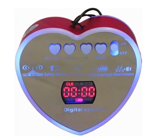 Heart USB TF Card Speaker with Blue backlight LED display Line in Jack rechargeable battery Alarm clock FM Radio