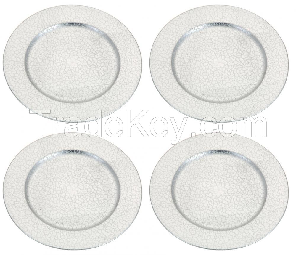 Set of 4 Silver Round Charger Plates 33cm Crackle Design Premium Range