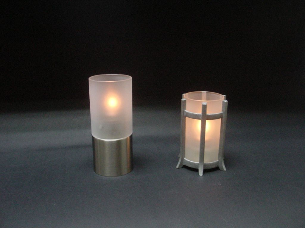 two piece candle holders / metal & borosilicate glass