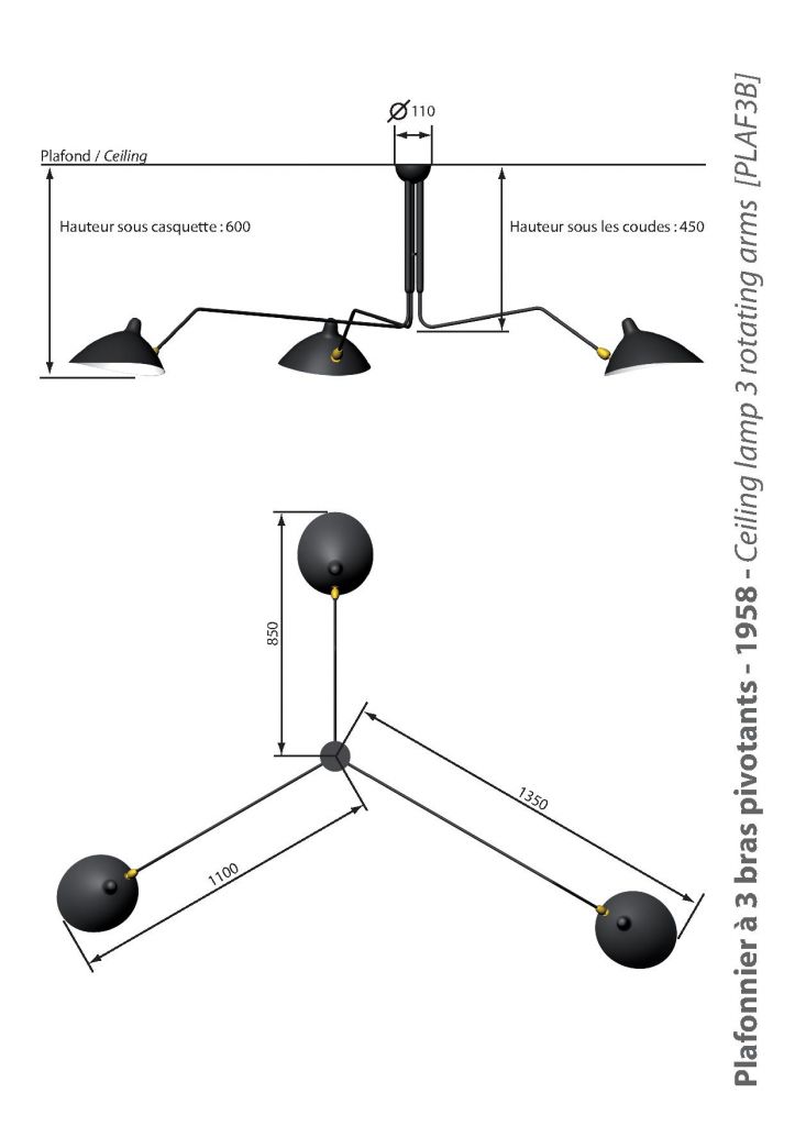 Serge Mouille three arms ceiling lamp