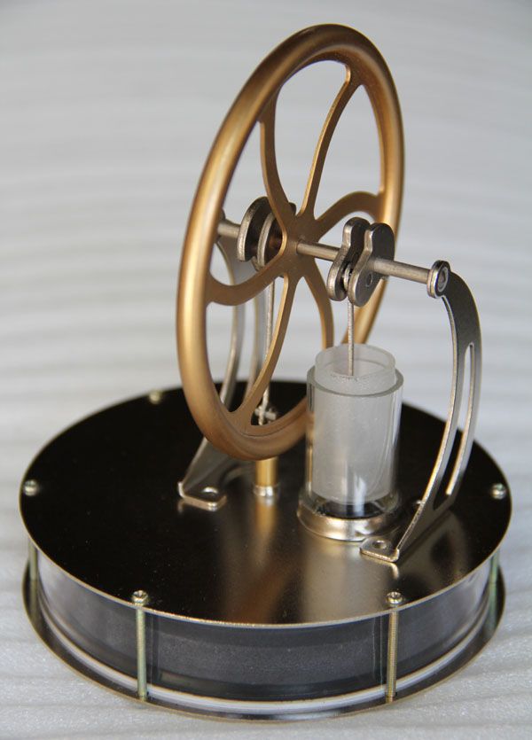 A truly unique novelty gift stirling engine model for your family and friends! An engine that runs on hot water! 