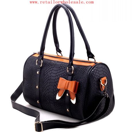 Modern Women&#039;s Bowknot Decoration Double Handle Black Snake Pattern Handbag 