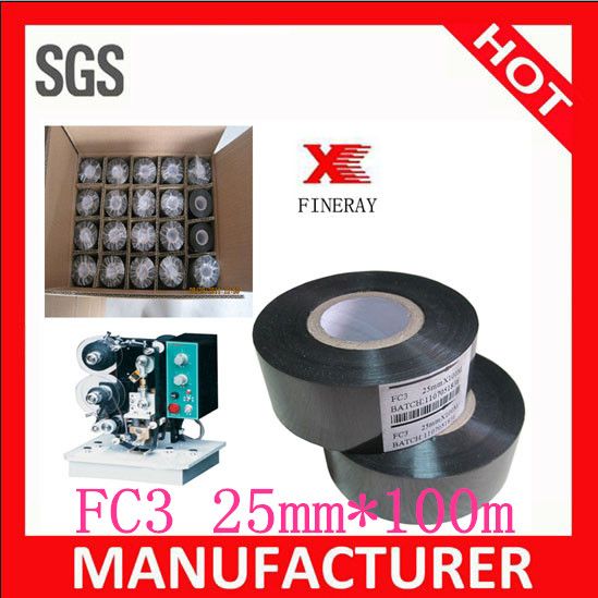 Print EXP/Batch/Lot/Production Number FINERAY brand FC3 type 25mm*100m Black date code printing foil / hot foil printing ribbon /hot stamping marking tape/ hot stamping foil for plastic bags