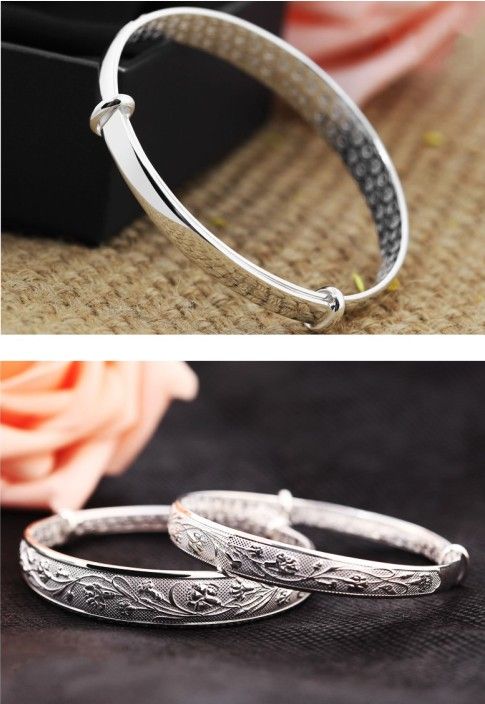 Silver Bangle with Carnation Design 