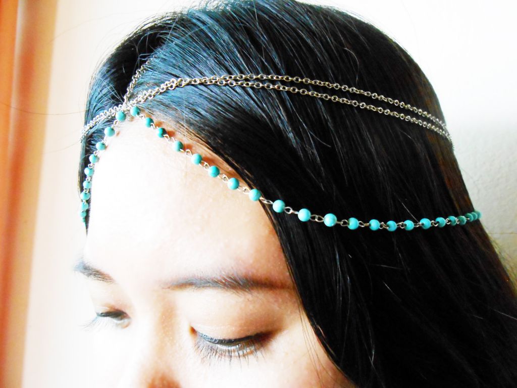 Hair Chain Accessory, Silver Chain with Turquoise Beads, Head Chain, Layered Hair Chain, Hair Jewelry. JH1006