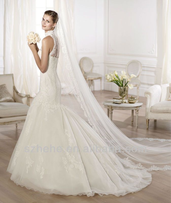 CW972 Retro elegant high neck applique lace mermaid wedding dress 2014