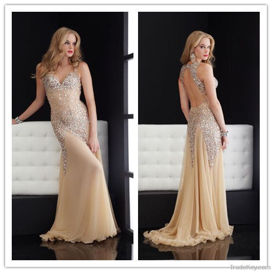 5High Quality Beading Tulle Sexy See Through Evening Dress