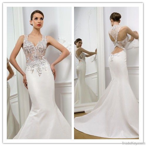 Hot Sale Sexy Design Satin With Lace Embroidery Mermaid Wedding Dress