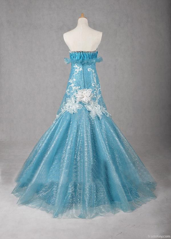 Hot Sale A Line Organza Embroidery Floor Length Blue Wedding Dress