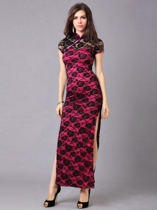 Chinese sheath lace embroidery short sleeve ankle-length cheongsam