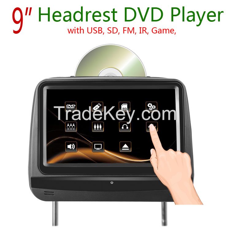 7 or 9 inch Headrest DVD Player with FM IR USB SD Wireless Game 15 degrees up and down to adjust