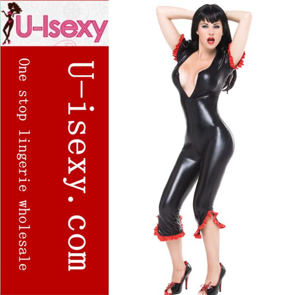 Adult leather lingerie wet look V neck PVC jumpsuits for women