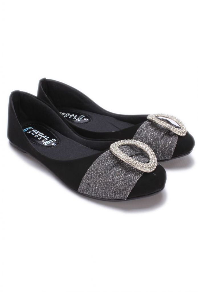 Ballerina Flats with Crystal Studded Oval Brooch on Silver Strap