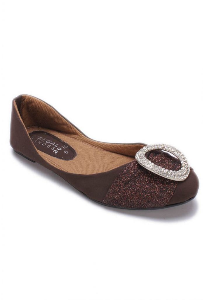 Ballerina Flats with Crystal Studded Oval Brooch on Silver Strap